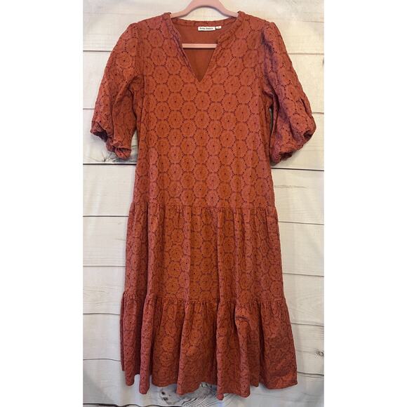 Roller Rabbit Rust Maxi Dress Size XS Eyelet Print Tiered - Picture 1 of 6